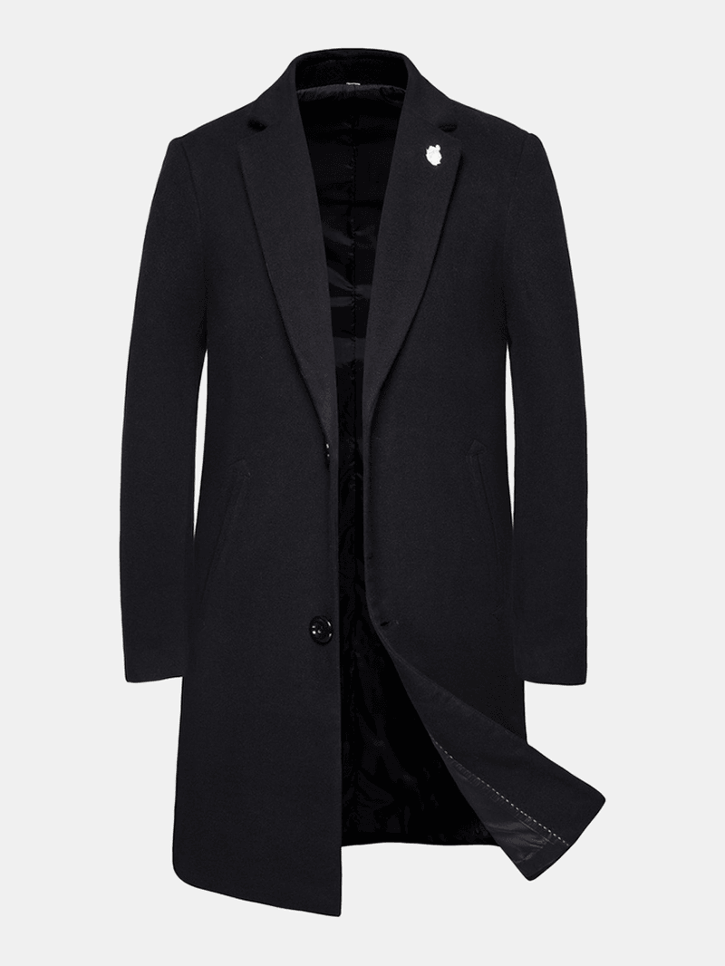 Mens Black Single-Breasted Mid-Length Pocket Lapel Business Trench Coats