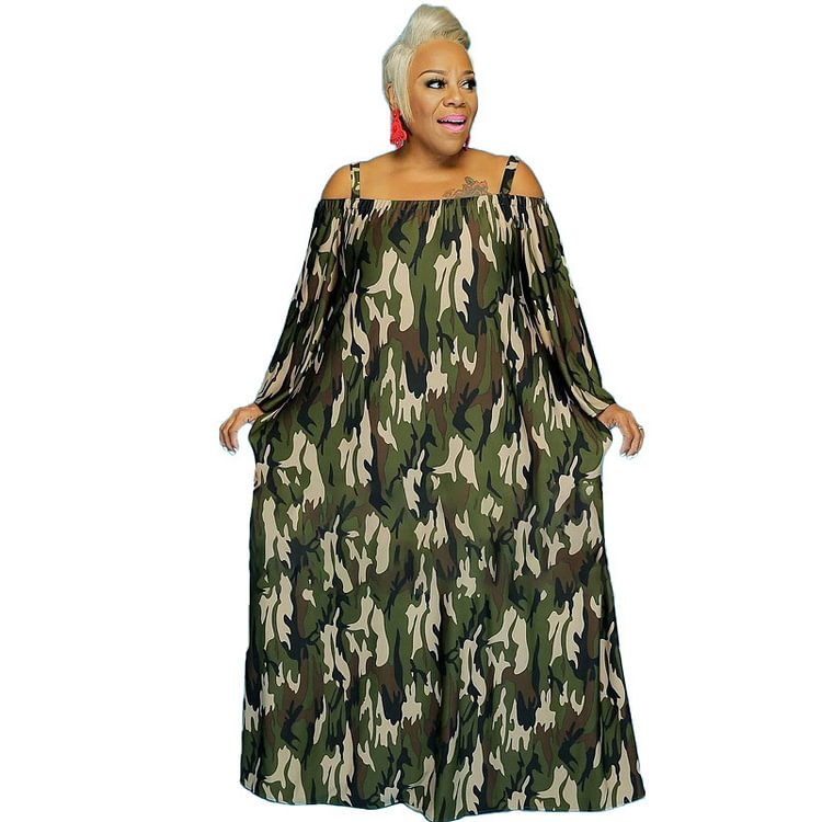5Xl Plus Size Summer Maxi Dress Wholesale Fashion Women Clothing Sexy Slash Dots Camouflage Casual Loose Dresses Dropshipping