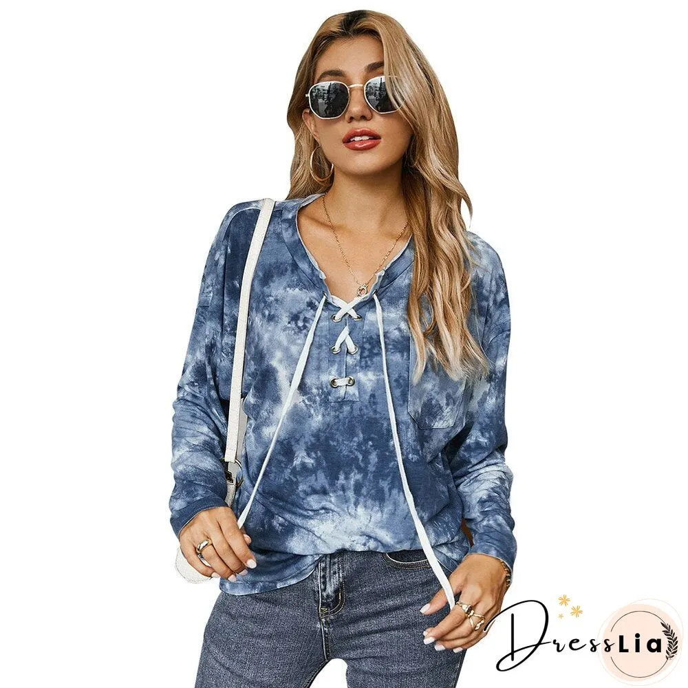 Sale Women Tie Dye PrintT-shirt Long Sleeved Loose Top For Autumn Cross Bandage Casual