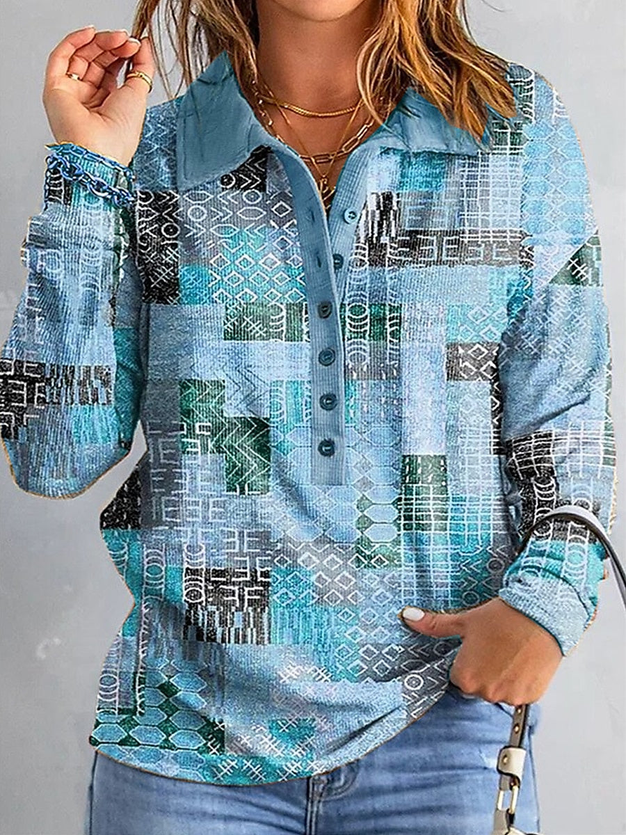 Women Long Sleeve V-neck Graphic Floral Printed Top