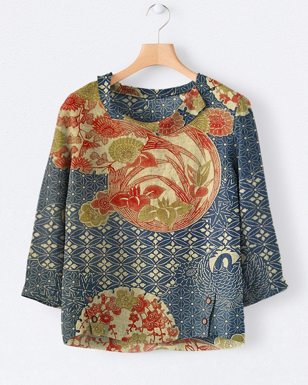 Japanese Floral Art Print Casual Lapel Top
