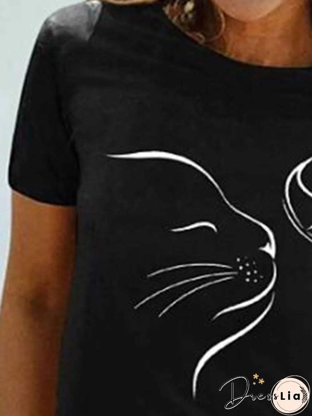 Cat And Butterfly Short Sleeves Crew Neck Plus Size Casual T-Shirt