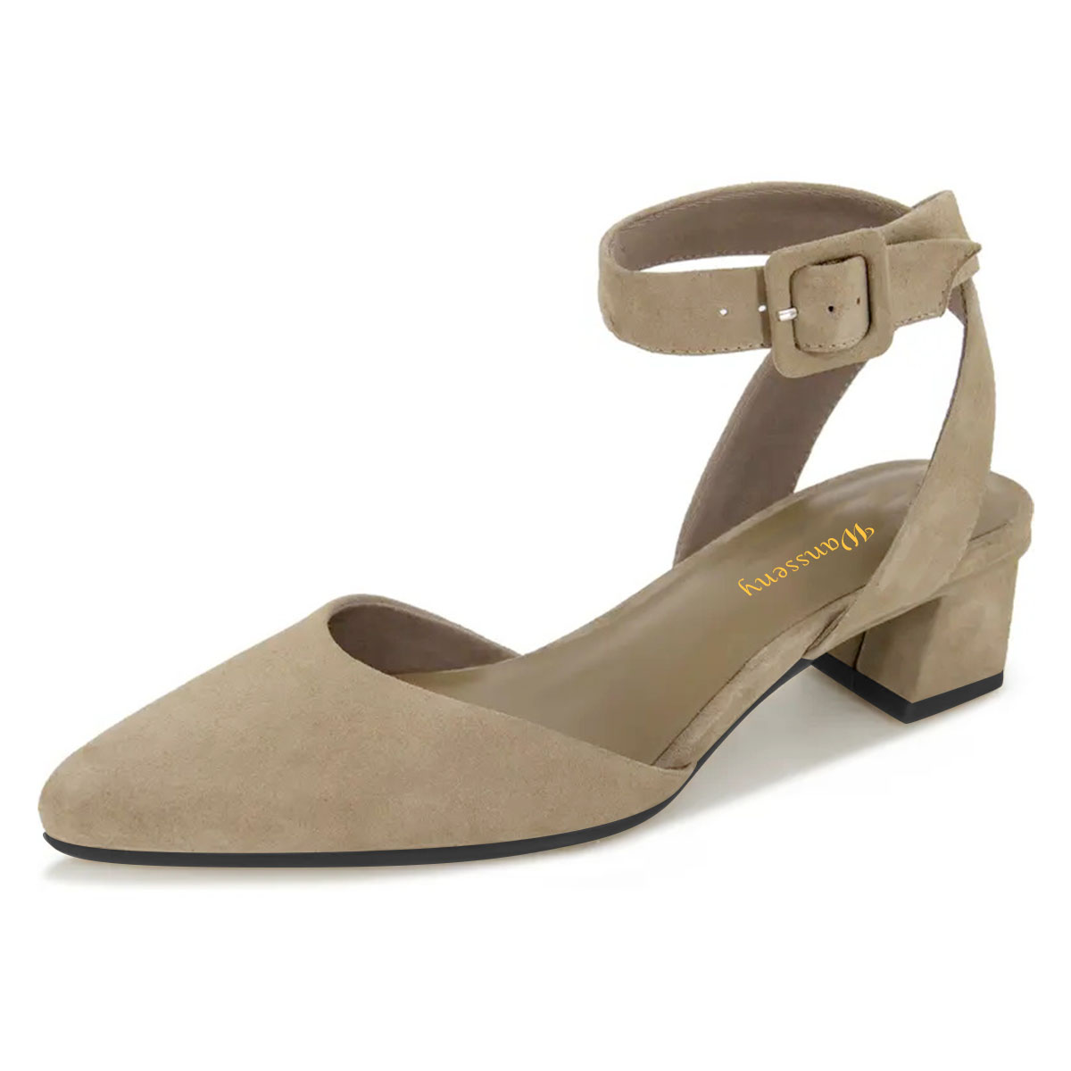 Beige Pointed Toe Block Heel Pumps Shoes with Buckle Ankle Strap Nicepairs