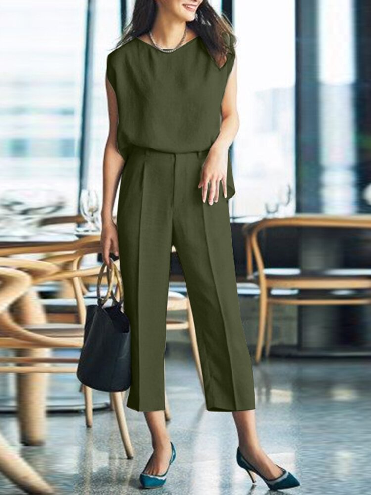 Solid Pocket Sleeveless Crew Neck Cotton Two Pieces Suit - Shop Trendy Women's Fashion | TeeYours