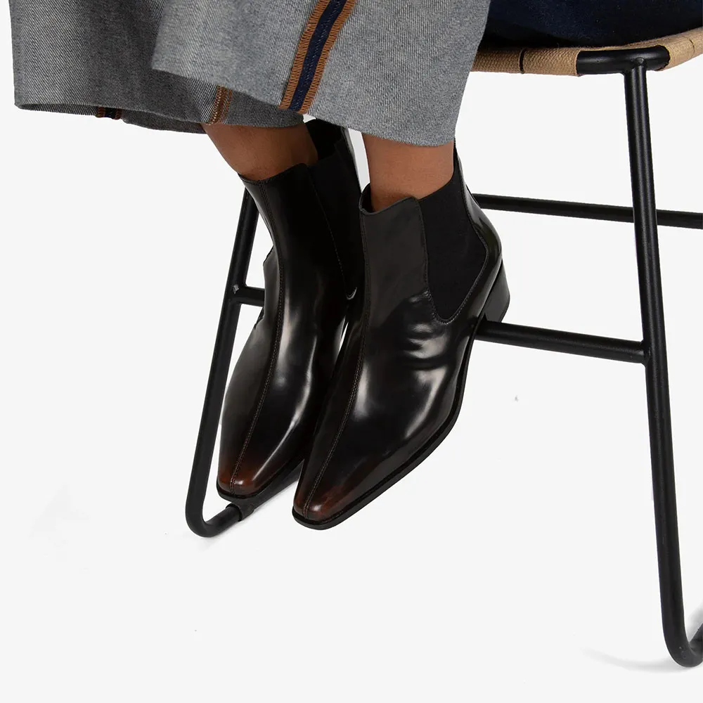 Classic Black Closed Toe Chunky Heel Pull On Chelsea Boots Women