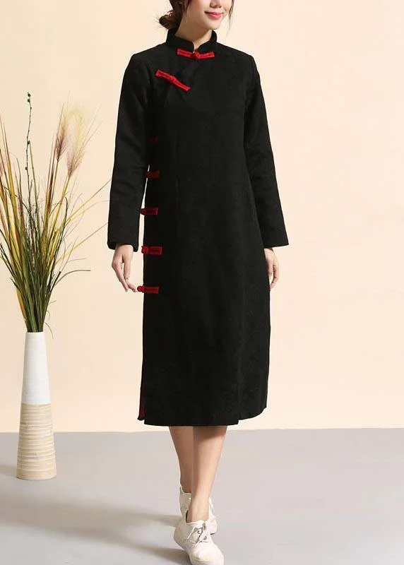 100% Stand Collar Chinese Button Spring Clothes Women Work Outfits Black A Line Dresses