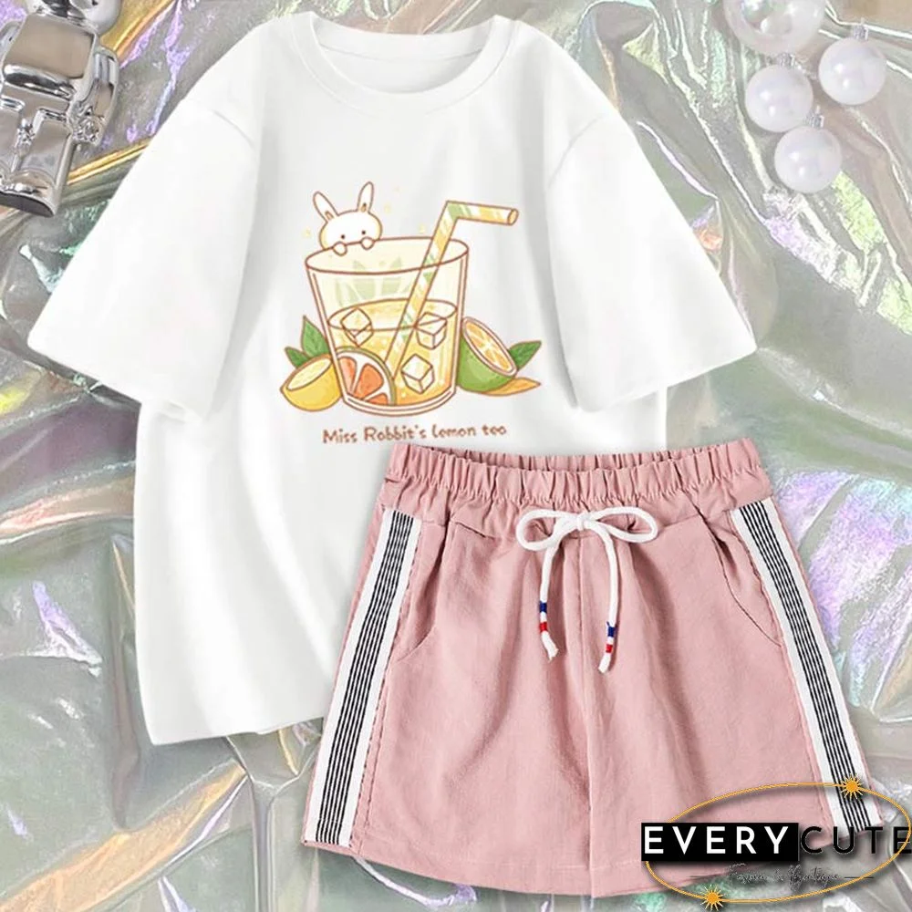 Cartoon Print Casual T-Shirt Shorts Set