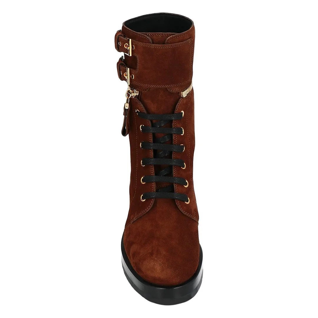 Brown Platform Low Block Heel Buckled Zipper Lace Up Booties for Women