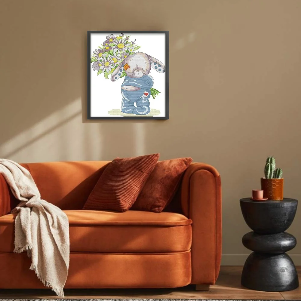 DIY Stamped Cross Stitch 14CT Partial Embroidery 28*32cm - Bunny Presents Flowers