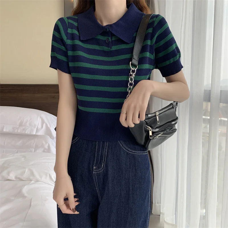 Uveng Uveng T-Shirt Design Sense Of Summer Korean Chic Hong Kong Chic Straight Shoulder-Repair Striped Knitting Top In Tide
