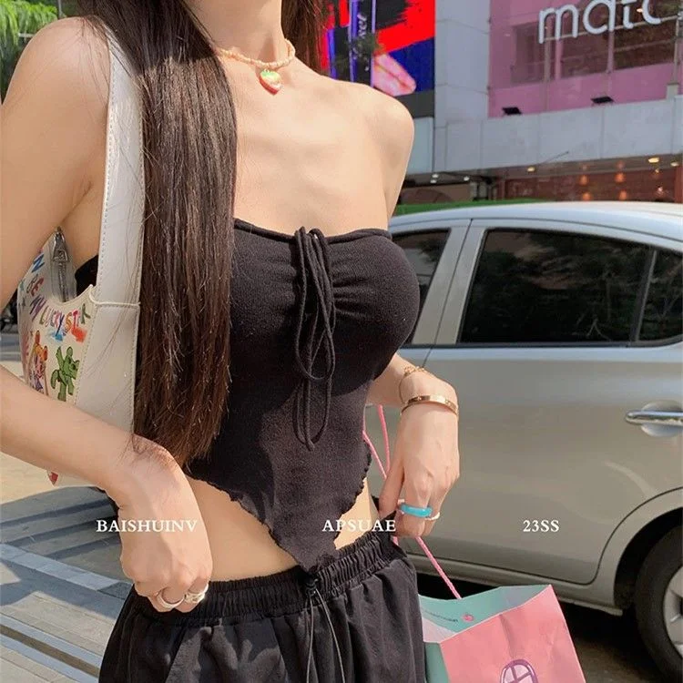 Uveng Uveng Triangle Umbilly Sexy Sling Female Summer New Solid-Colored Hottie Vest Pure Desire To Hang Neckless Sleeveless Top Tide