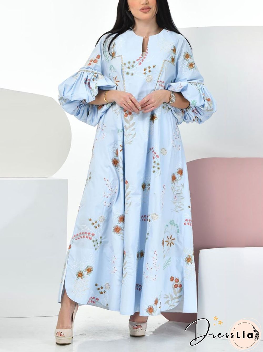 Blue Puff Sleeve Pattern Dress