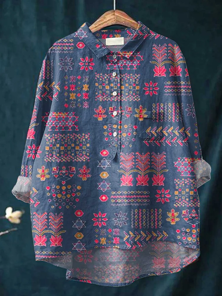 Women's Art Geometric Floral Casual Cotton and Linen Shirt