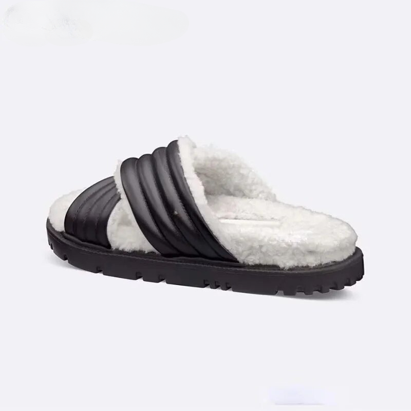 VCSHOES Fur Inside Leather Sandals Women Platform Chunky Heels Rivet Mules Flip Flops Outdoor Round Toe Shoes For Women