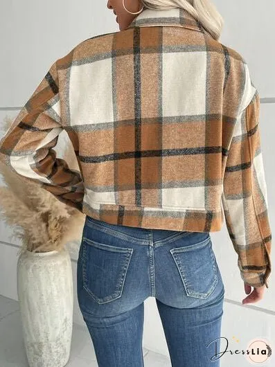 Plaid Button Up Drop Shoulder Cropped Jacket