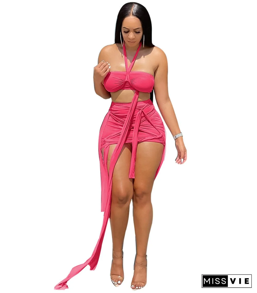 Mesh Sheer Halter Crop Top and Mini Skirt Suits