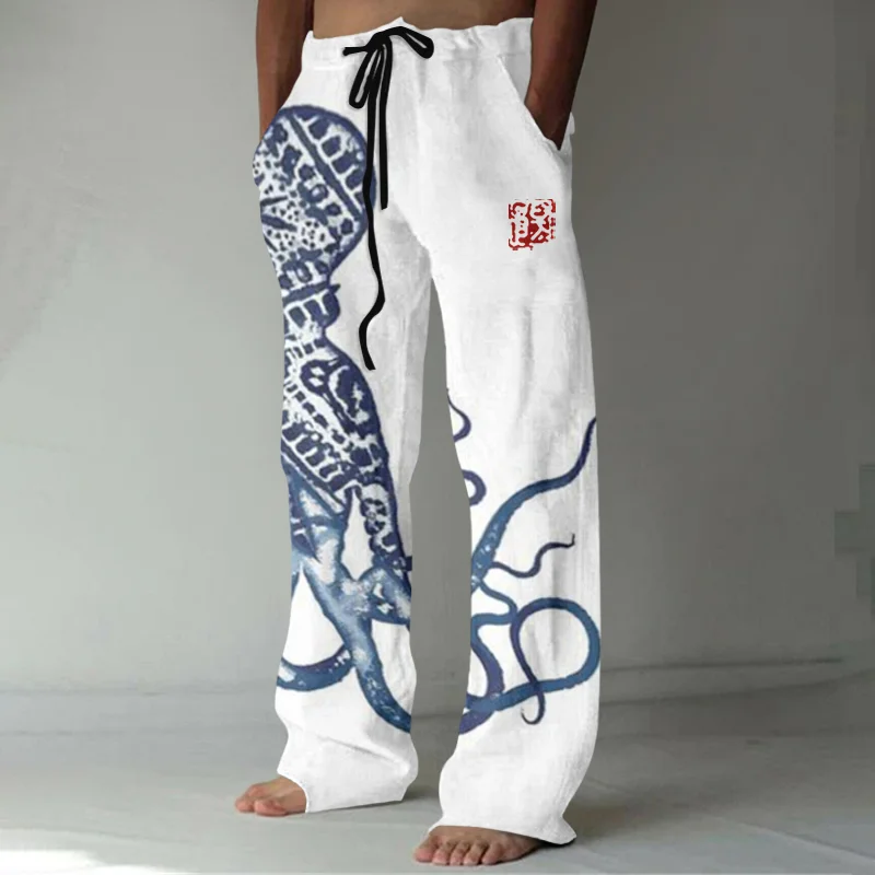 Japanese Art Vintage Octopus Graphic Painting Art Linen Blend Pants