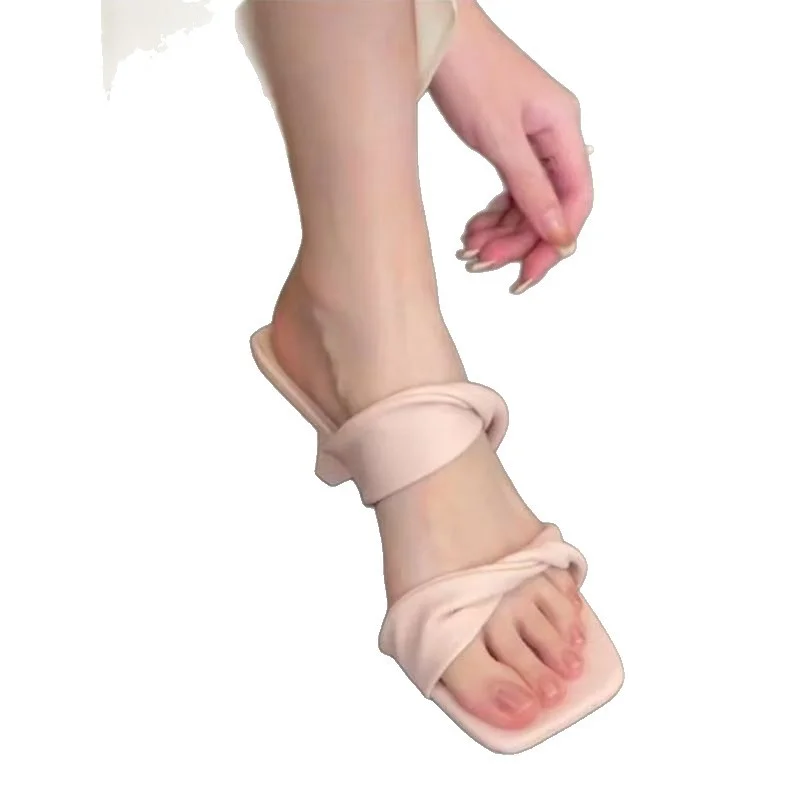 Breakj Breakj Women 2025 Summer New Square Head Thin And Pink Word With Sandals Toe Wearing Slippers