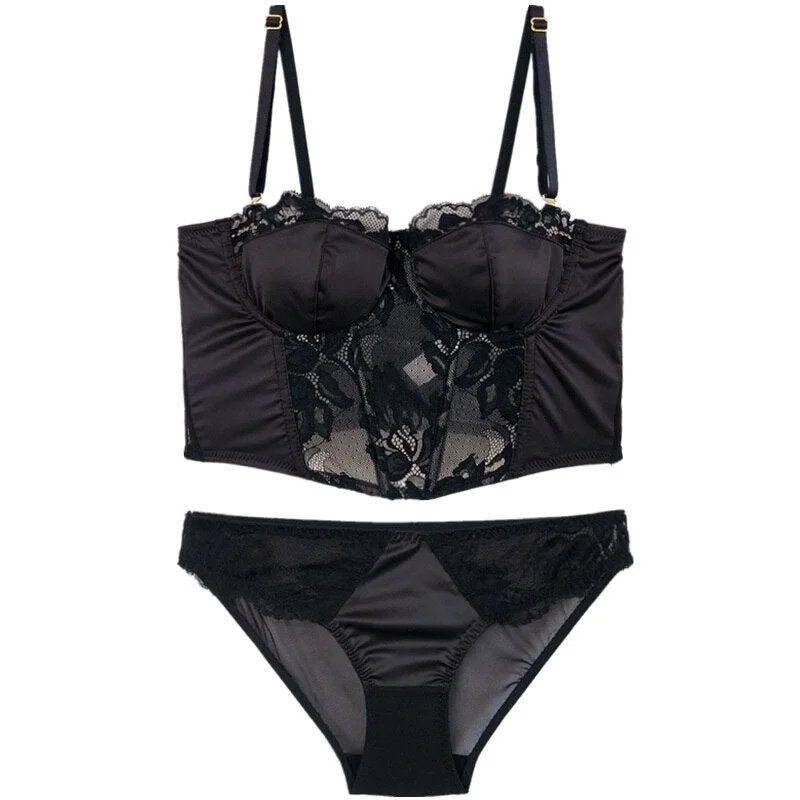 Sexy waistcoat-style half-cup bra with briefs suit thin lace satin-finished underwear set with a sling bralette for ladies