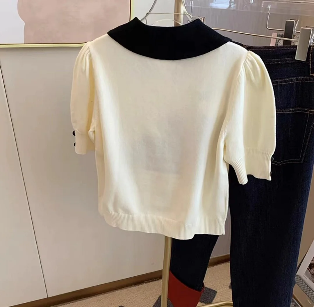 huibahe Jacquard Knitted Sweater Tshirt Women 2023 Summer Puff Sleeve Peter Pan Collar Tees Knitwear Korean Sweet Ladies Jumpers