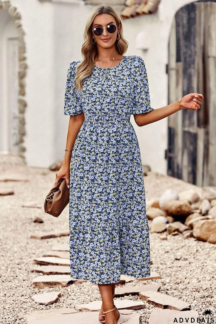 Floral Cutout Puff Sleeve Midi Dress