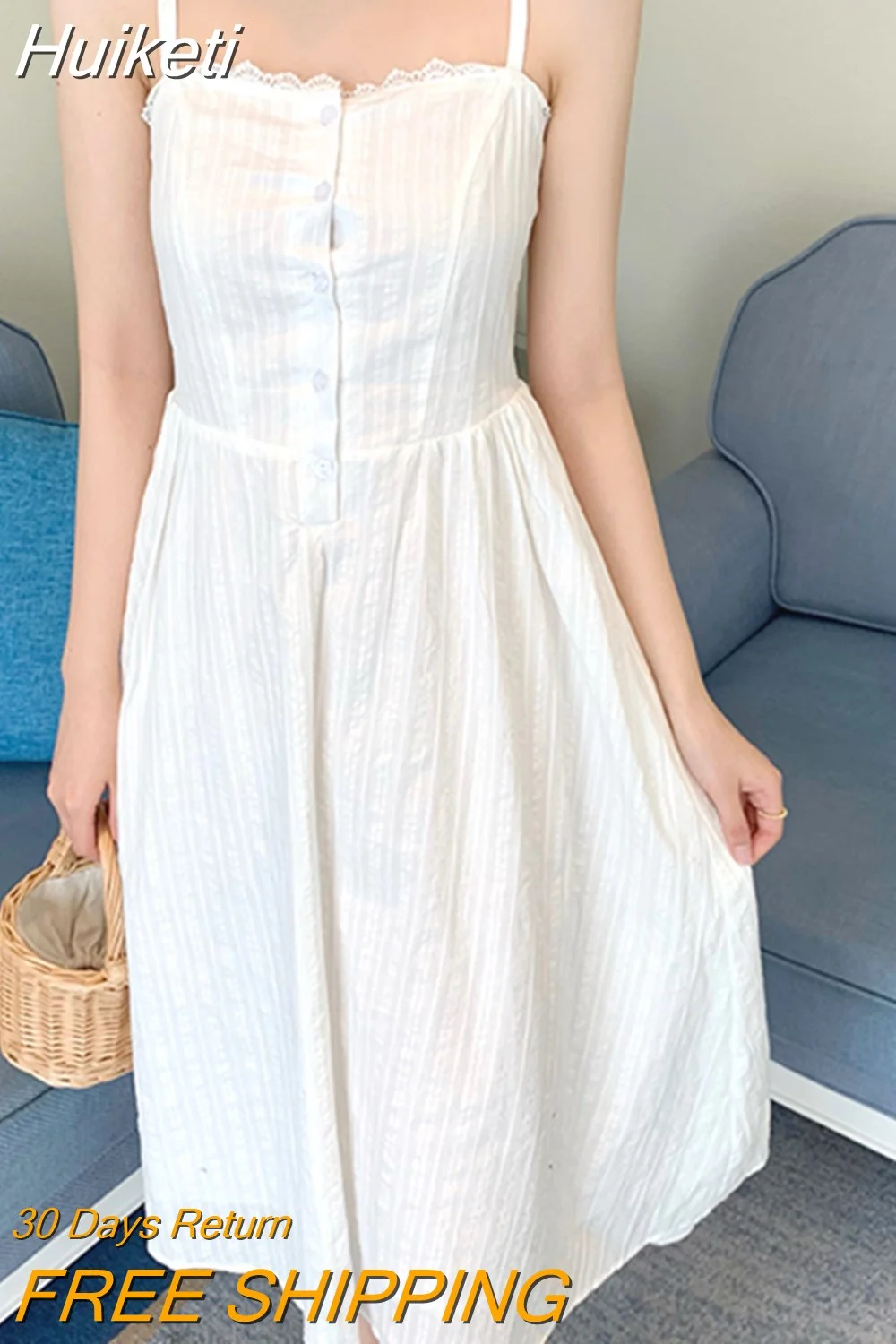 Huiketi White Women Long Dress Elegant Summer Spaghetti Strap Party Dress Sexy Off Shoulder High Waist Casual Button Vestidos