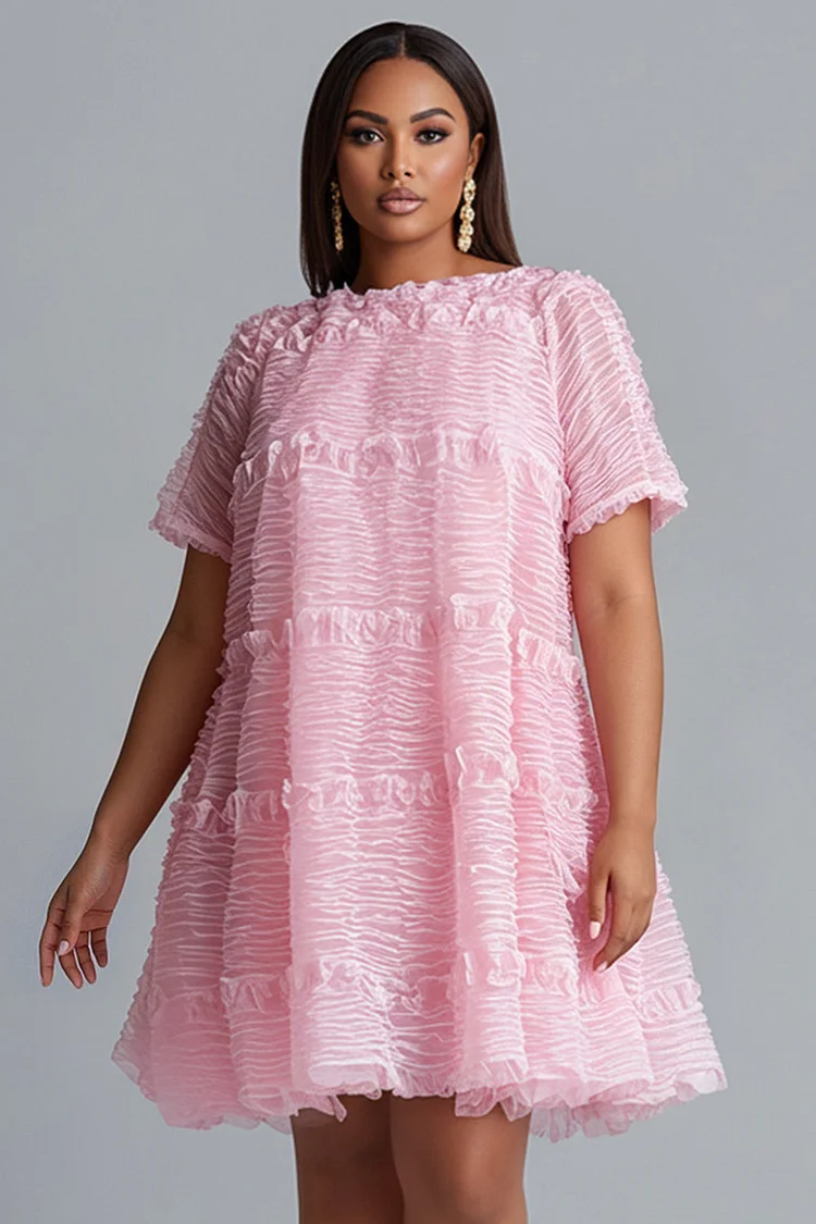 Xpluswear Design Plus Size Party Elegant Pink Round Neck Short Sleeve Mini Dresses [Pre-Order] 2024 - Xpluswear