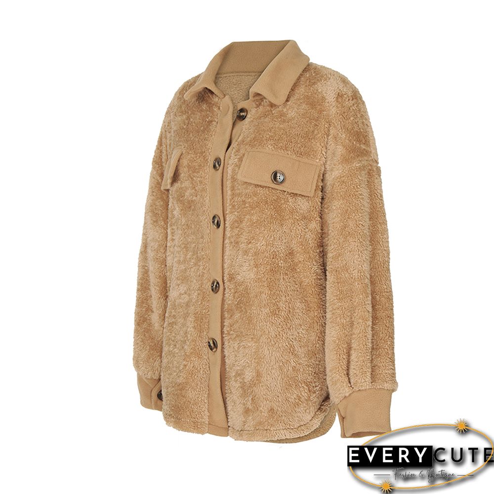 Khaki Double Side Fleece Button Warm Jacket