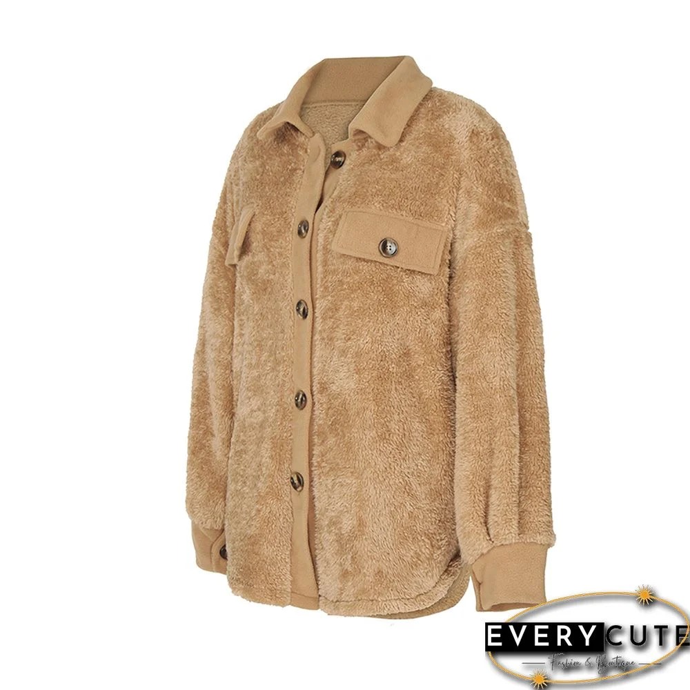 Khaki Double Side Fleece Button Warm Jacket