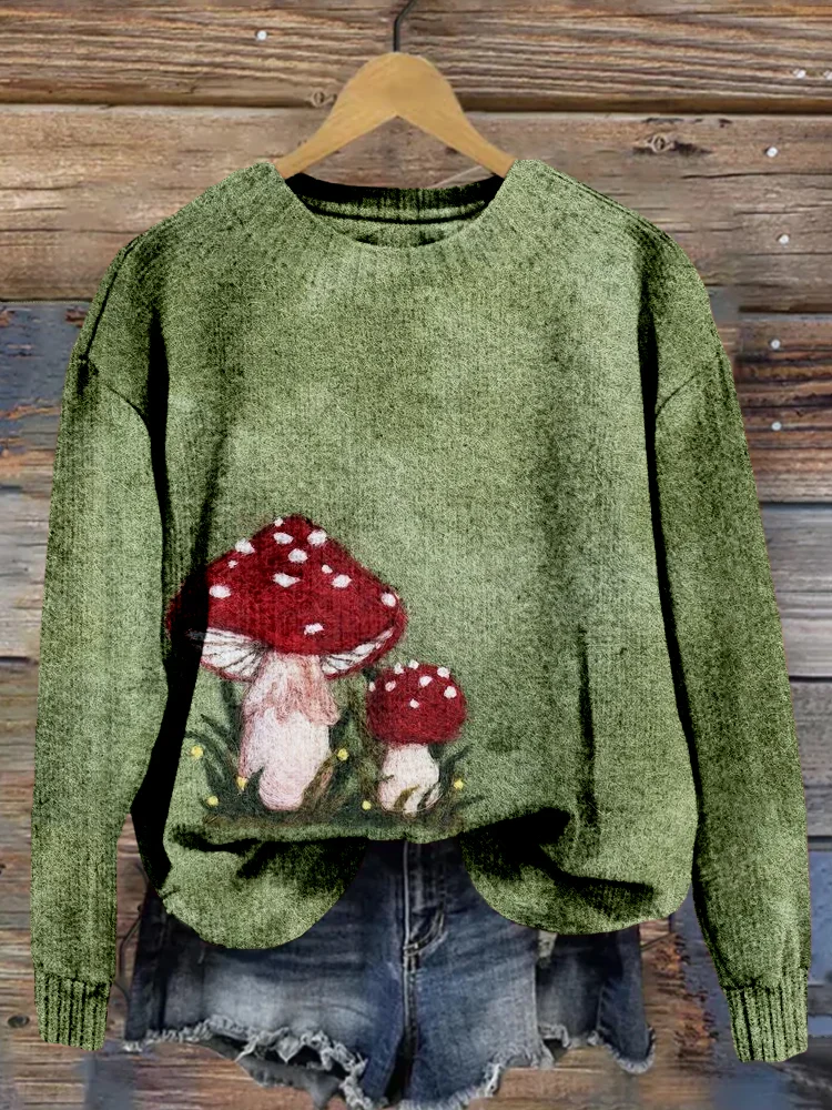 🔥kukelife🔥Cute Mushroom Felt Art Vintage Cozy Knit Sweater
