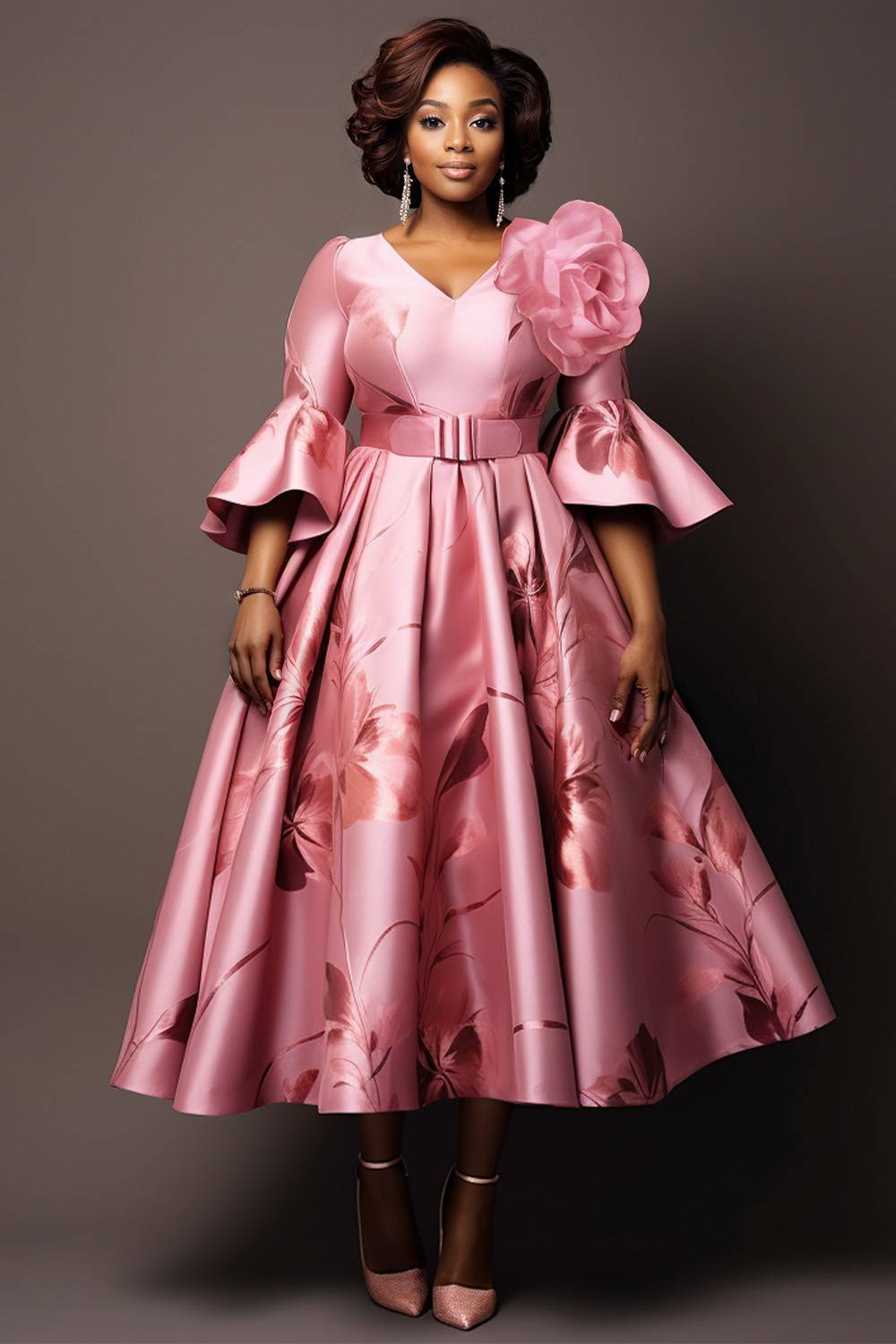 Xpluswear Design Plus Size Formal Casual Pink Floral V Neck Flare 3D Midi Dresses [Pre-Order]