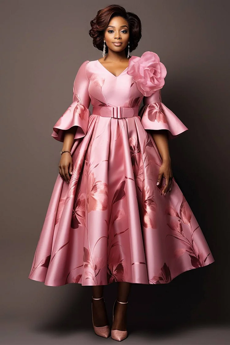 Xpluswear Design Plus Size Formal Casual Pink Floral V Neck Flare 3D Midi Dresses [Pre-Order]