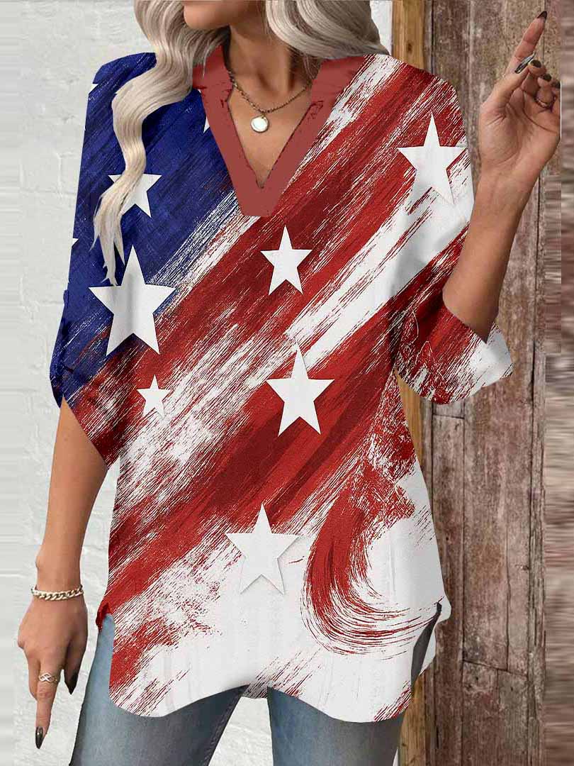 Women  Independence Day, Star, Striped, Blue, Red DZGA0249 3/4 Sleeve V-neck Printed Graphic Button Tops