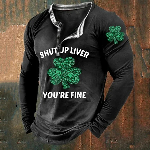 VChics Men's St. Patrick's Day Shut Up Liver You're Fine Button Long Sleeve Top