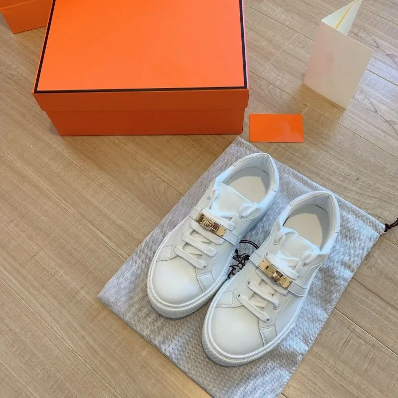 2023 New H's White Shoes Women's Genuine Leather Kelly Metal Lock Catch Flat Lace-up Sports Comfort and Casual Sneakers