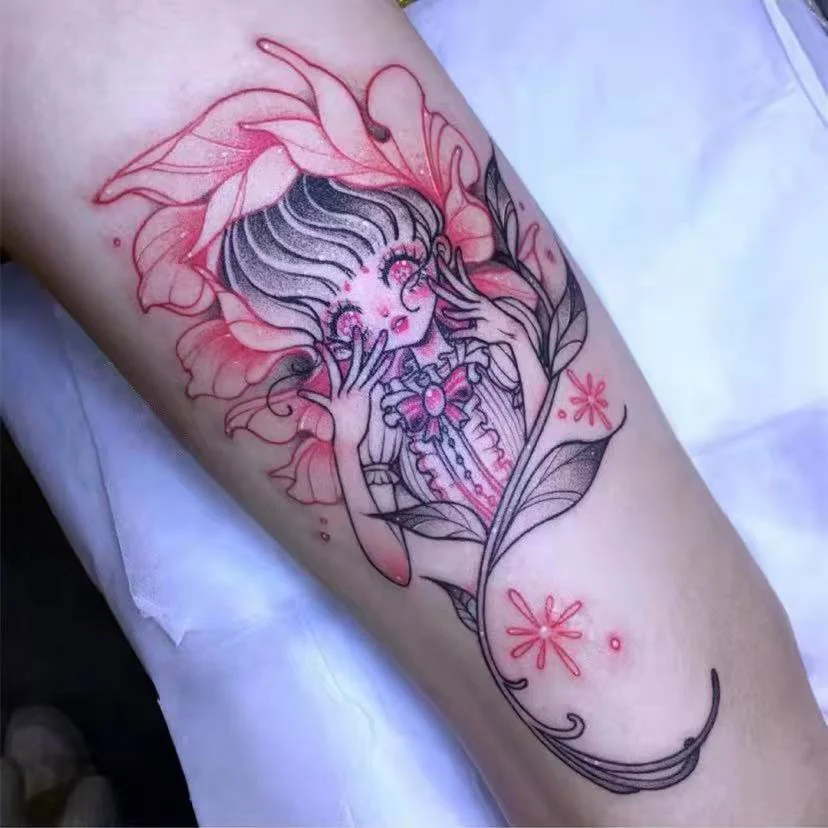 Sdrawing Temporary Tattoo Sticker Anime Cartoon Cute Pink Hair Girl Flower Necklace Fake Tatto Flash Tatoo Art for Women Men