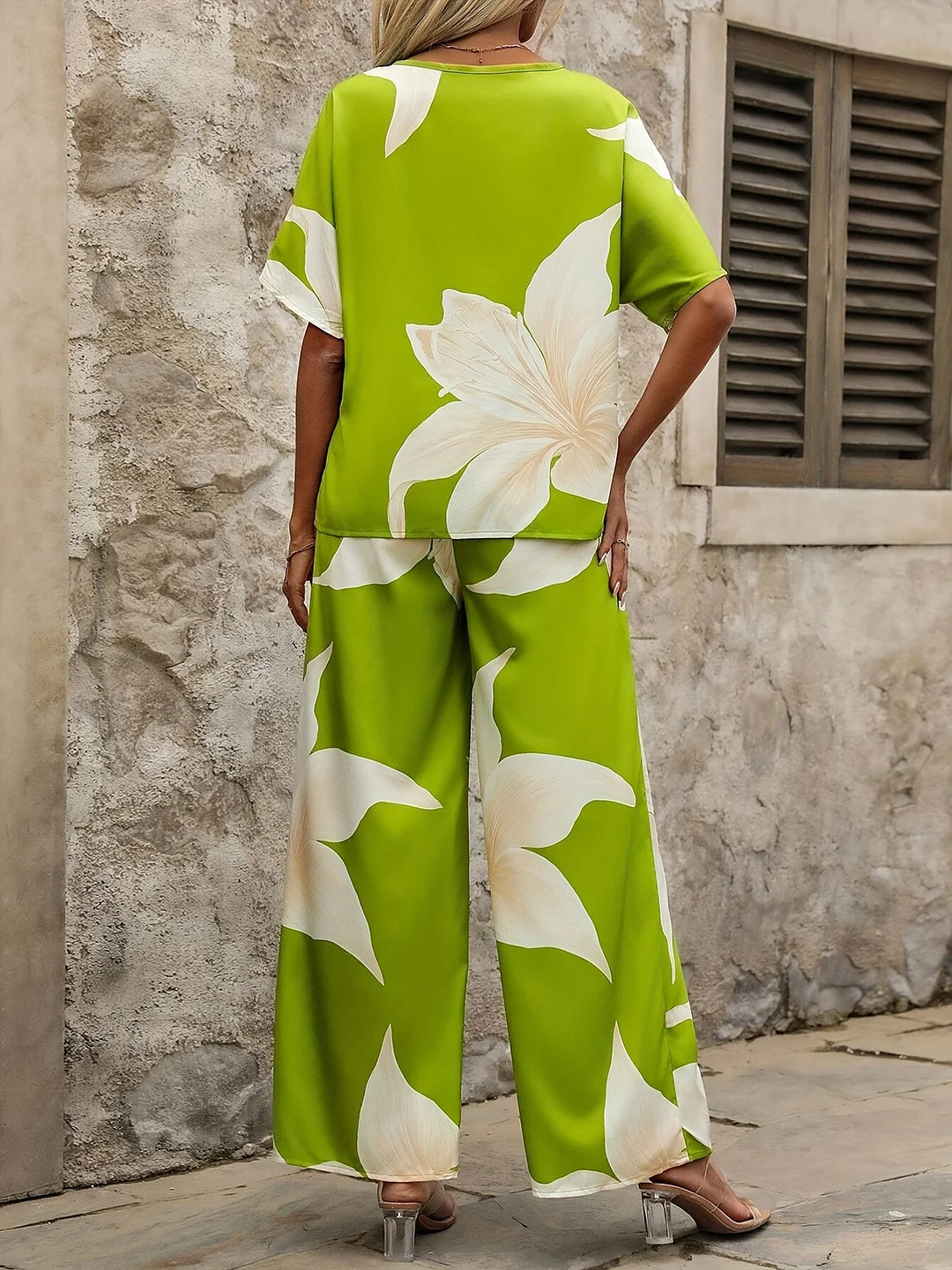 Athvotar Athvotar Summer Set Printing V-Neck Bat Sleeve Blouse Long Pants Fashion Two-Piece