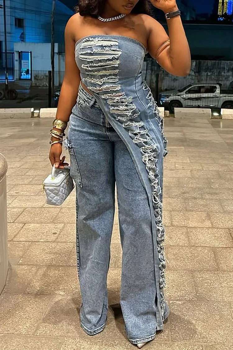 Plus Size Party Blue Asymmetric Hem Distressed Denim Two Piece Pant Sets [Pre-Order] 2024 - Xpluswear