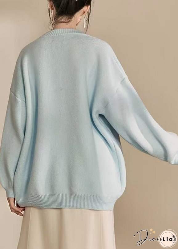 Loose Blue V Neck Button Patchwork Knit Cardigan Spring