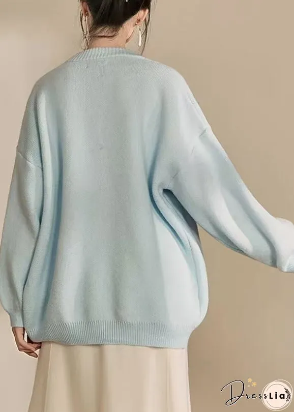 Loose Blue V Neck Button Patchwork Knit Cardigan Spring