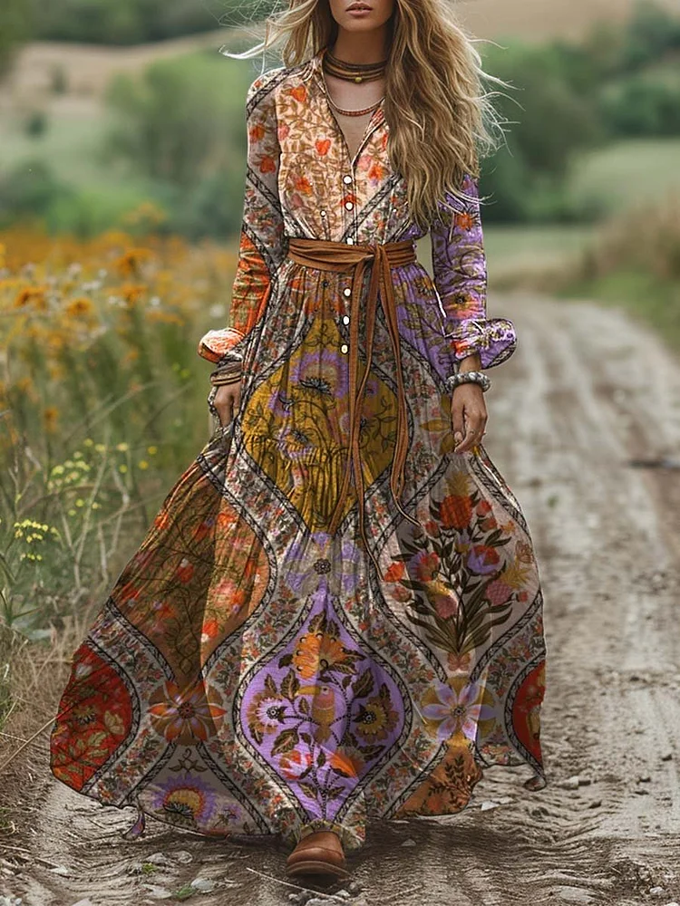 Women's Shirt Collar Vintage Positioning Print Long Sleeve Dress Pocket Cotton Dress