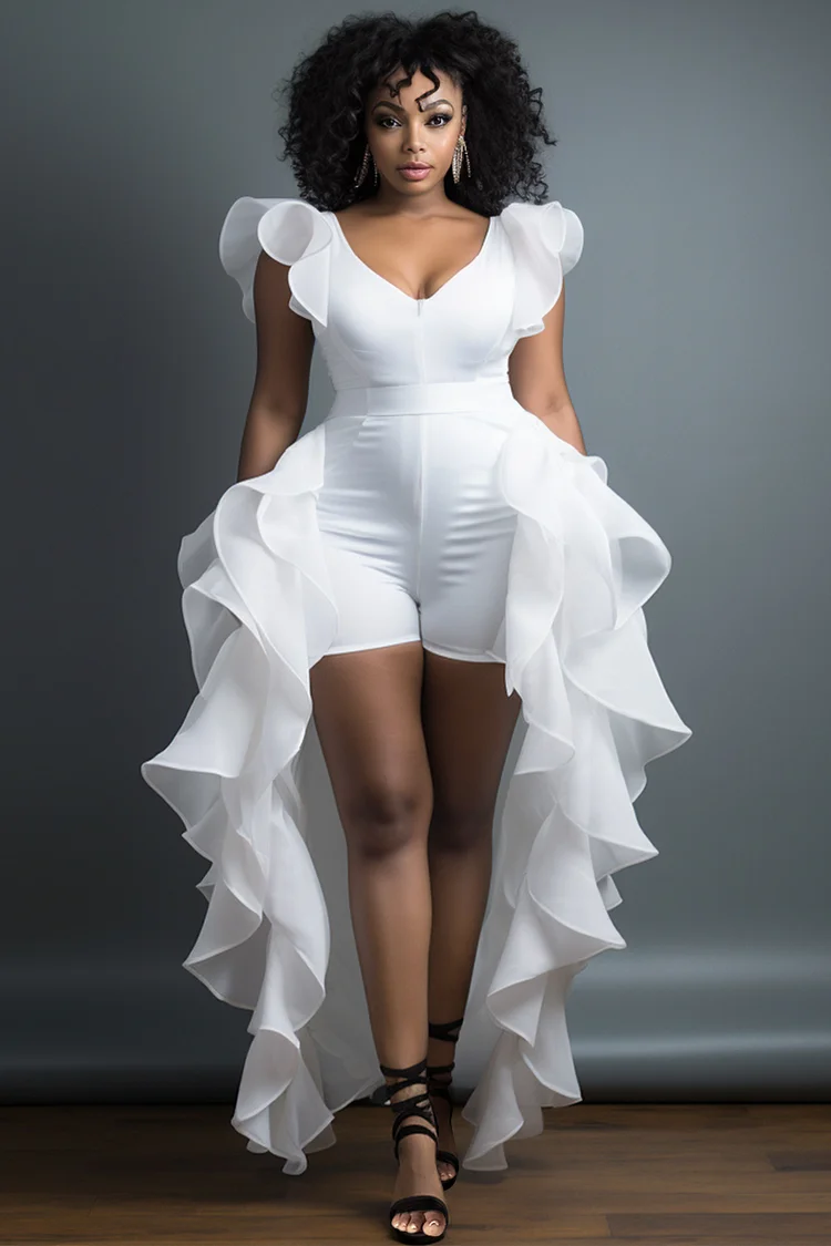 Xpluswear Design Plus Size Daily White Elegant V Neck Short Sleeve With Skirt Overlay Contrast Rompers [Pre-Order]