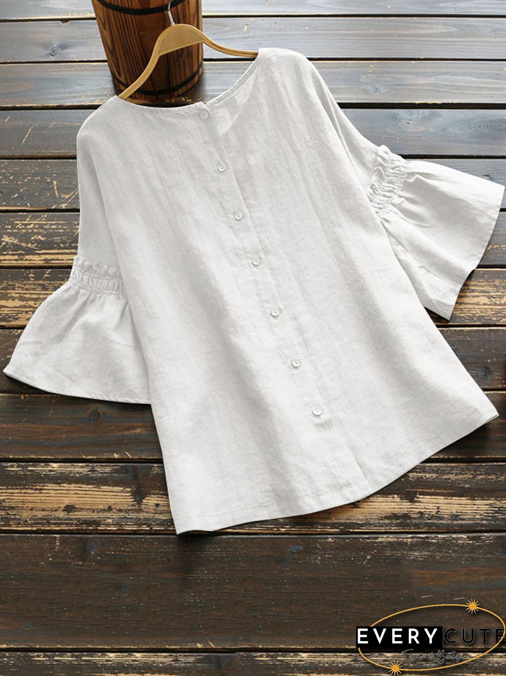 Vintage Frill Short Sleeve Solid Color Blouse