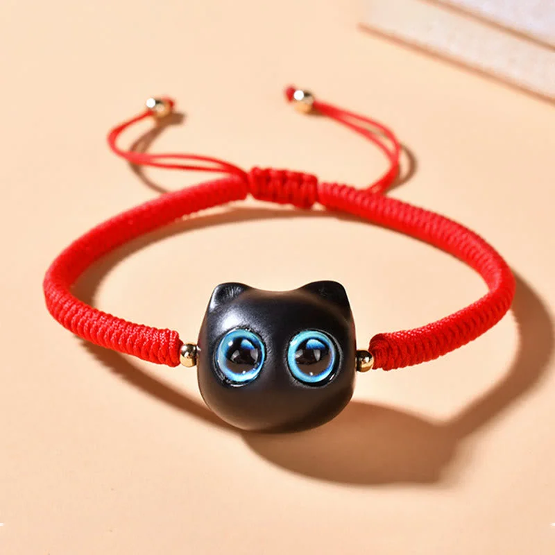 Ebony Wood Cat Head Pattern Peace King Kong Knot Braided Bracelet