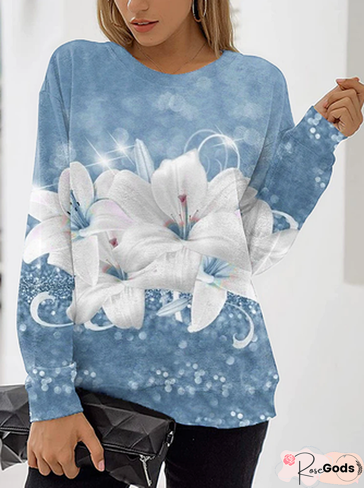 Casual Floral Autumn Micro-Elasticity Loose Crew Neck Cotton-Blend Regular Sweatshirts For Women