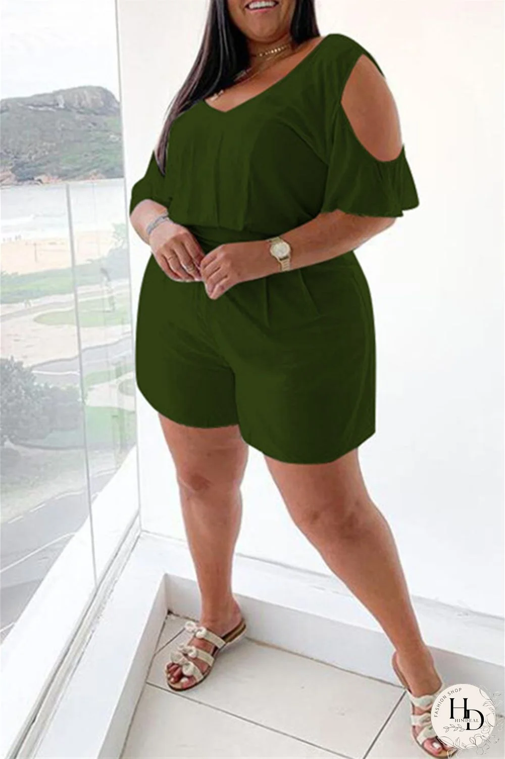 White Fashion Casual Solid Basic V Neck Plus Size Romper