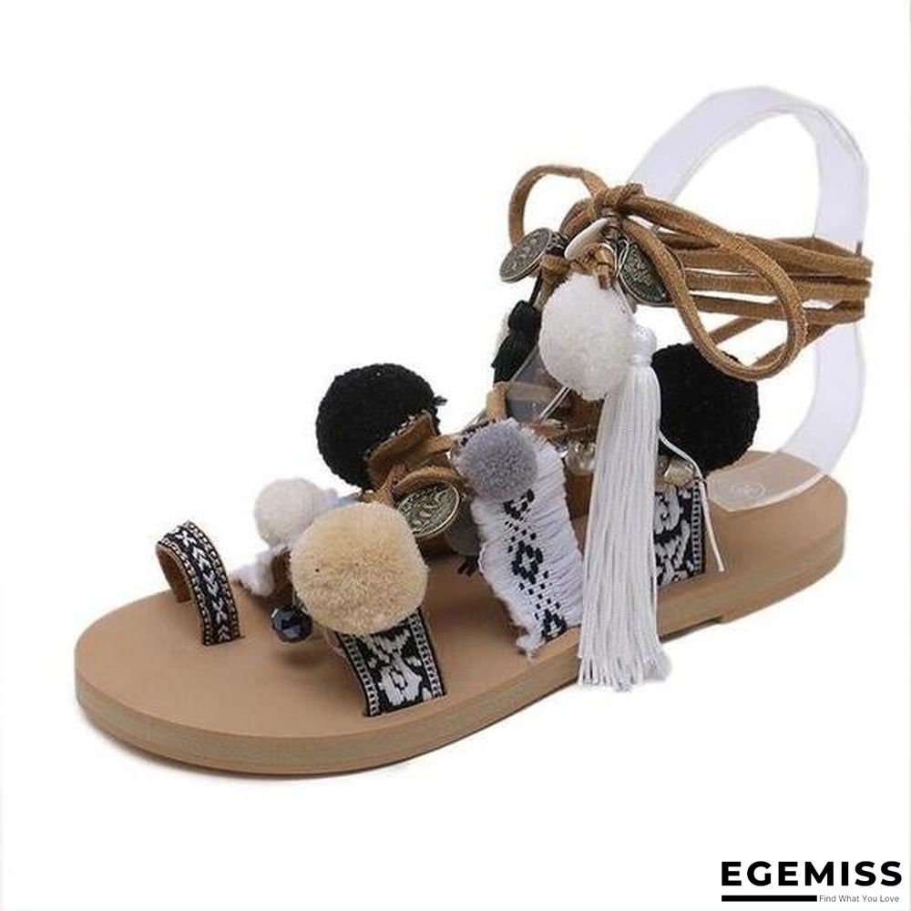 Bohemia Style Fringed Pompoms Gladiator Sandals Cross Strap Tie up Flats Sandals | EGEMISS