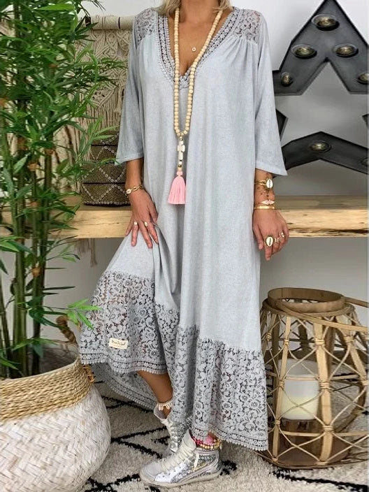 Women's 3/4 Sleeve V-neck Lace Solid Color Maxi Dress