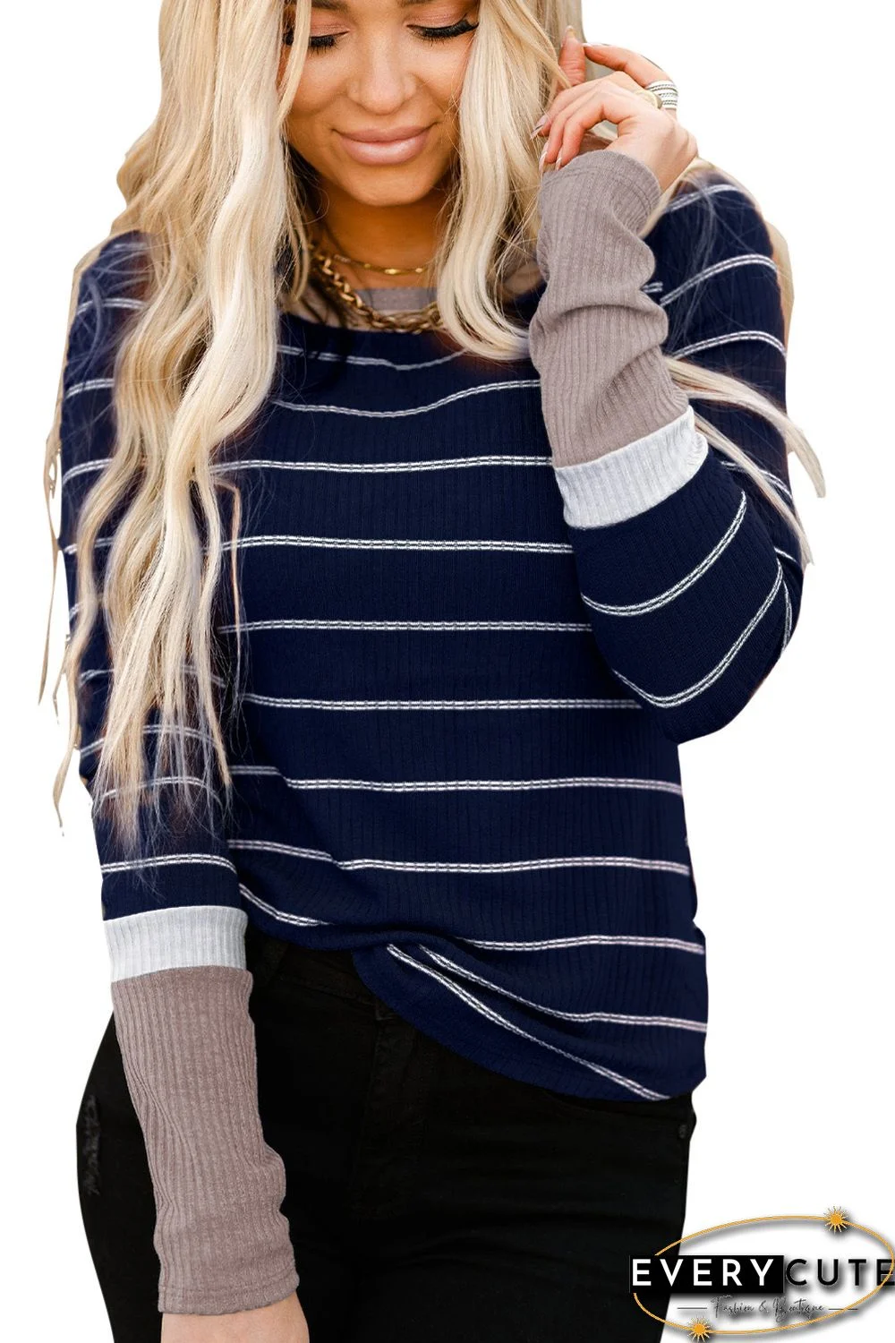 Blue Extend Color Block Cuffs Rib Knit Striped Pullover