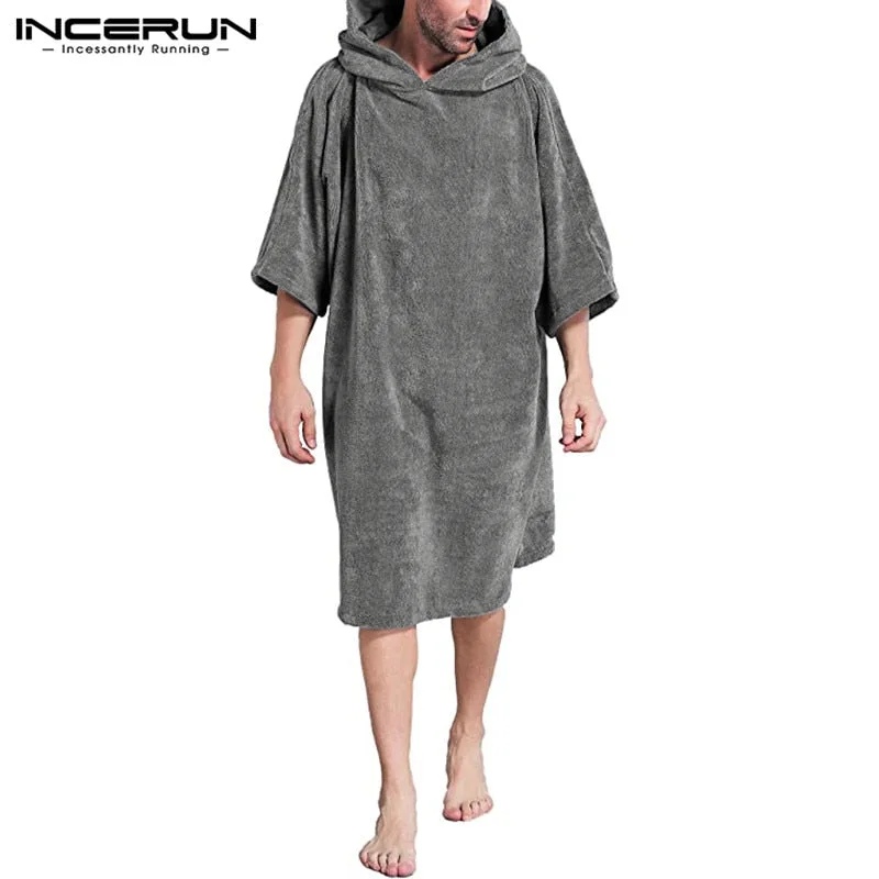Men Bathrobes Homewear Hooded Half Sleeve Leisure Towel Robes Comfortable Solid Mens Nightgown Bathrobes Poncho INCERUN S-5XL 7